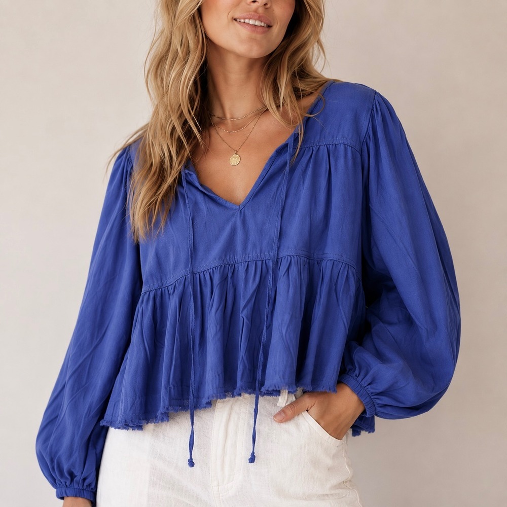 Almost Pink Blue Boho Peasant Blouse L 100% Cotton Oversized Tiered Puff Sleeve